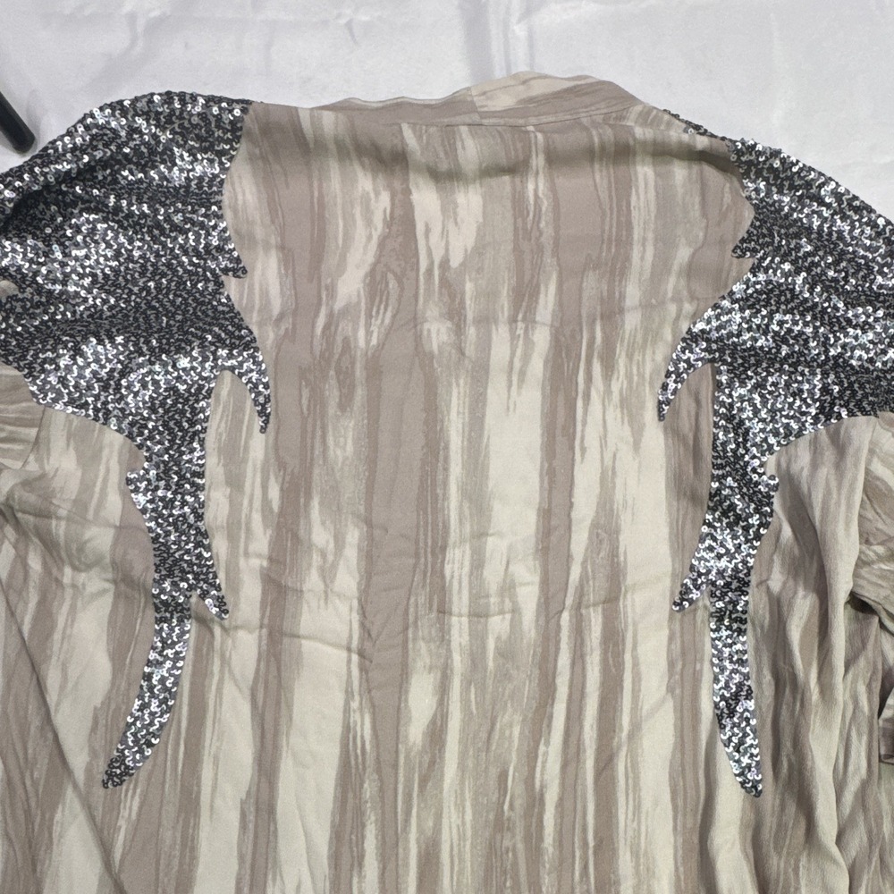 Haute Hippie Tribe Sequin Shoulder Open Front Duster Cardigan Taupe XS Boho - Picture 7 of 7